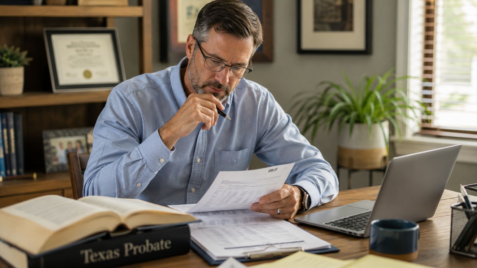 A professional man with glasses sitting at a desk studying legal documents and a Texas Probate book.