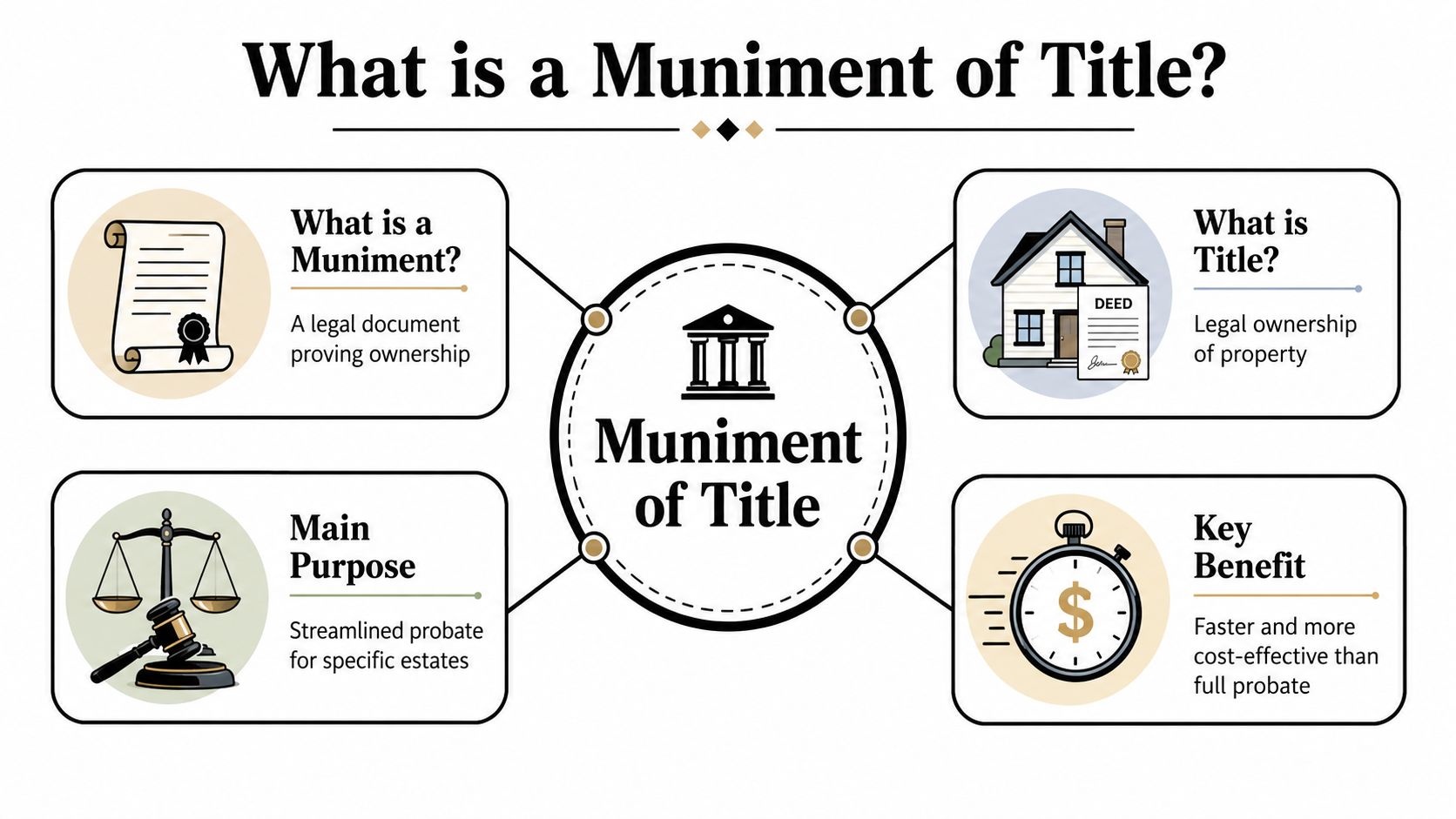 A diagram explaining Muniment of Title including its definition, purpose, and key benefits in probate.