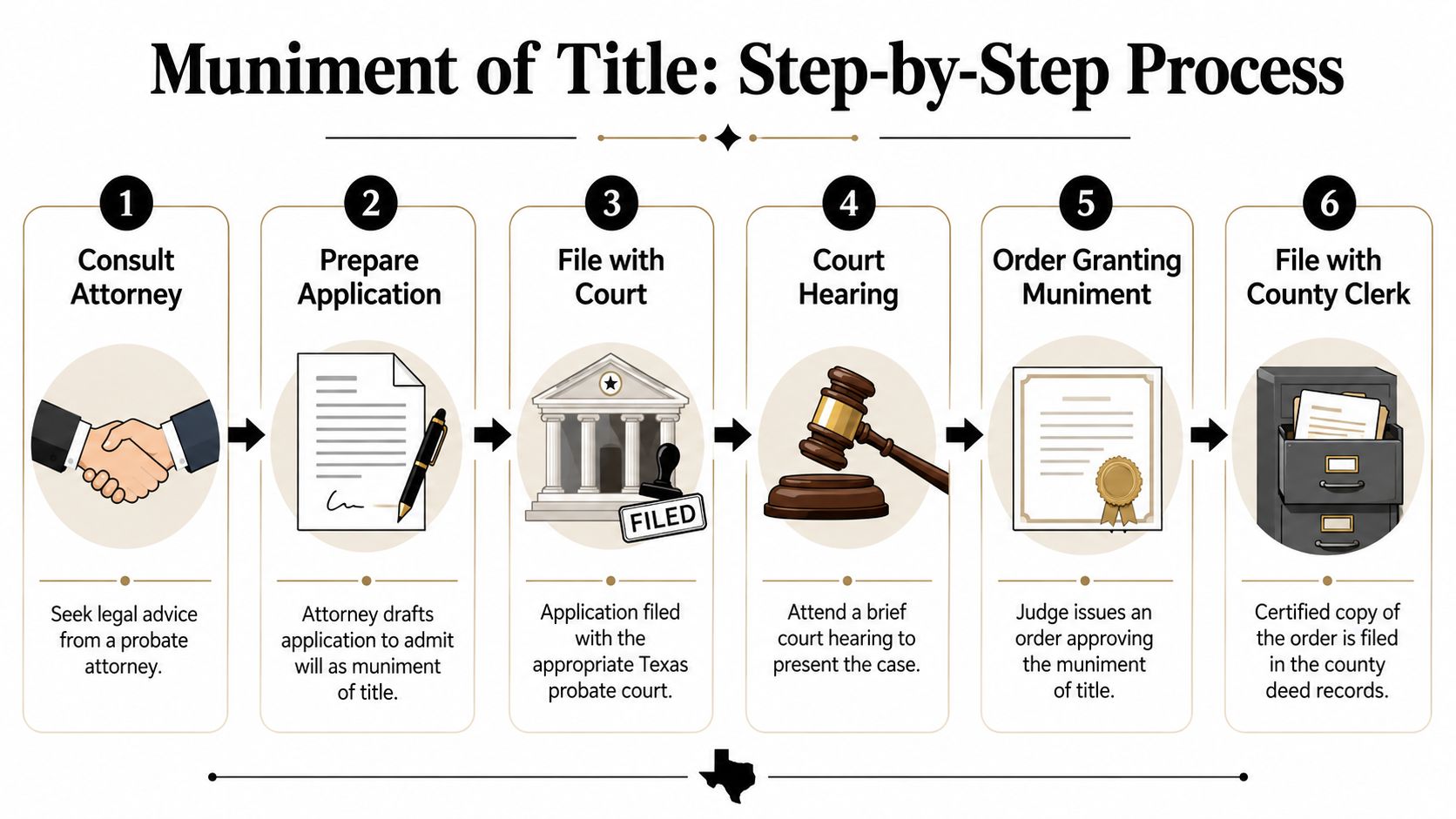 A six-step infographic detailing the legal process for obtaining a Muniment of Title in Texas.