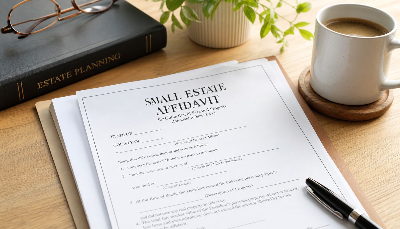 A Small Estate Affidavit legal form on a desk with a coffee mug and glasses nearby.