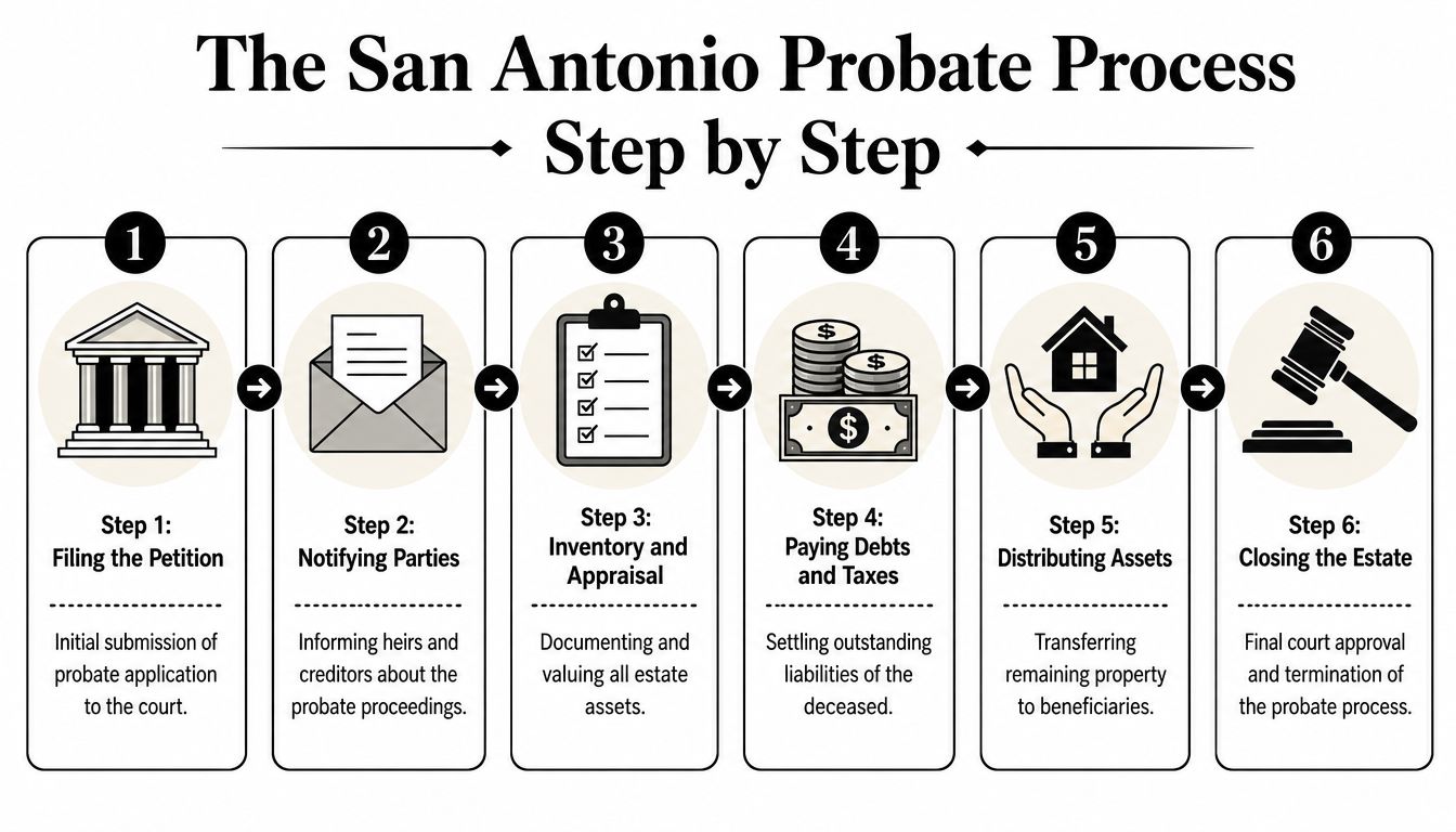 A six-step infographic illustrating the legal probate process in San Antonio for estate management and court proceedings.