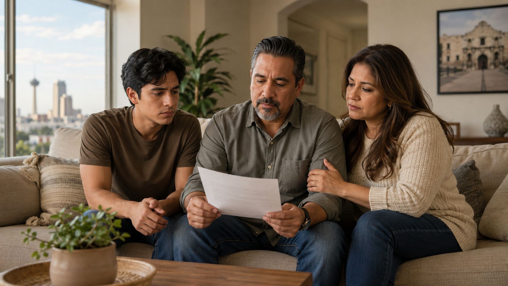 A concerned Hispanic family sits together on a couch reviewing important legal documents in their living room.