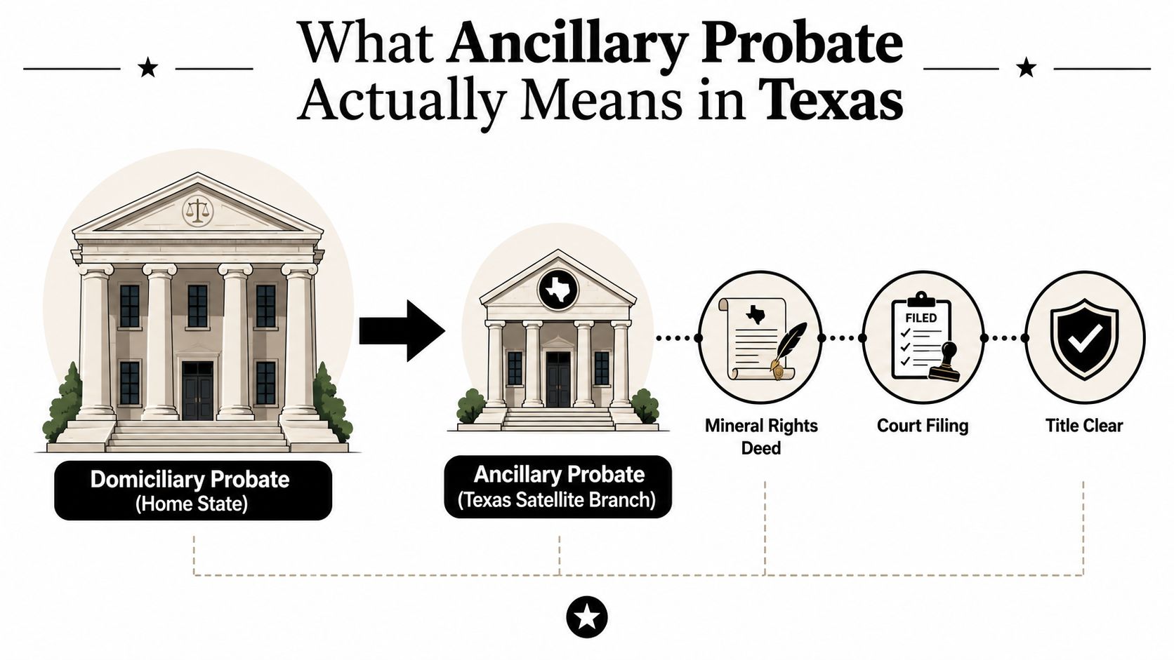 A diagram illustrating the process of ancillary probate in Texas for out-of-state mineral rights holders.