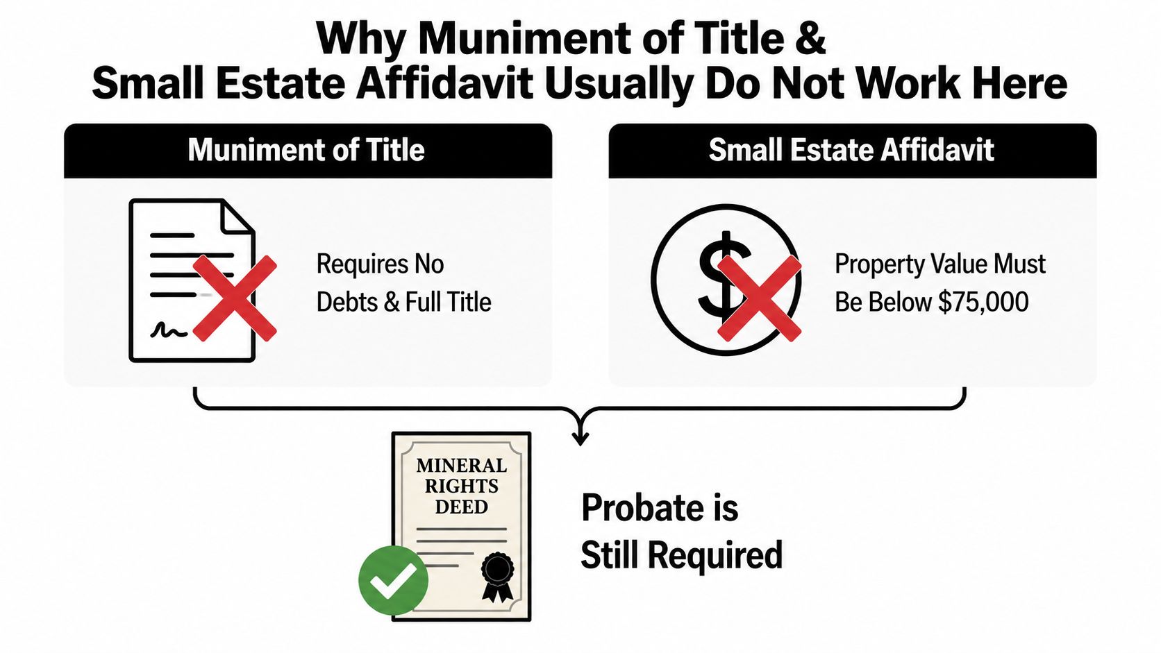 A diagram explaining why Muniment of Title and Small Estate Affidavit often require formal probate proceedings.