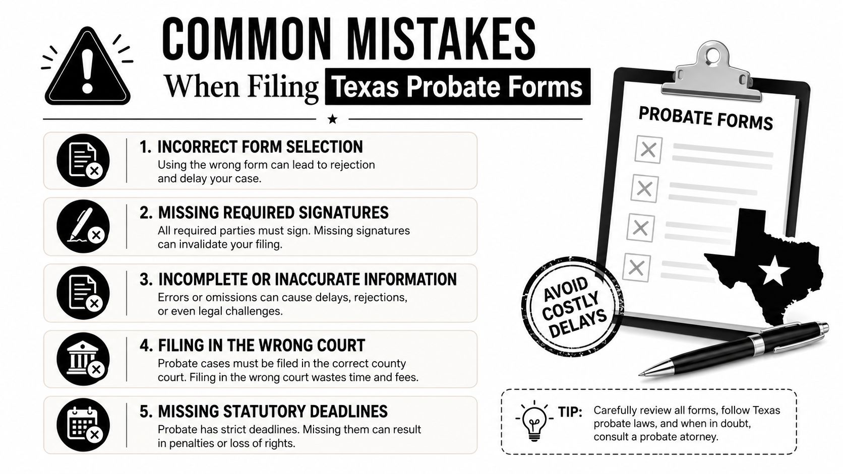 An infographic titled Common Mistakes When Filing Texas Probate Forms listing five common filing errors.