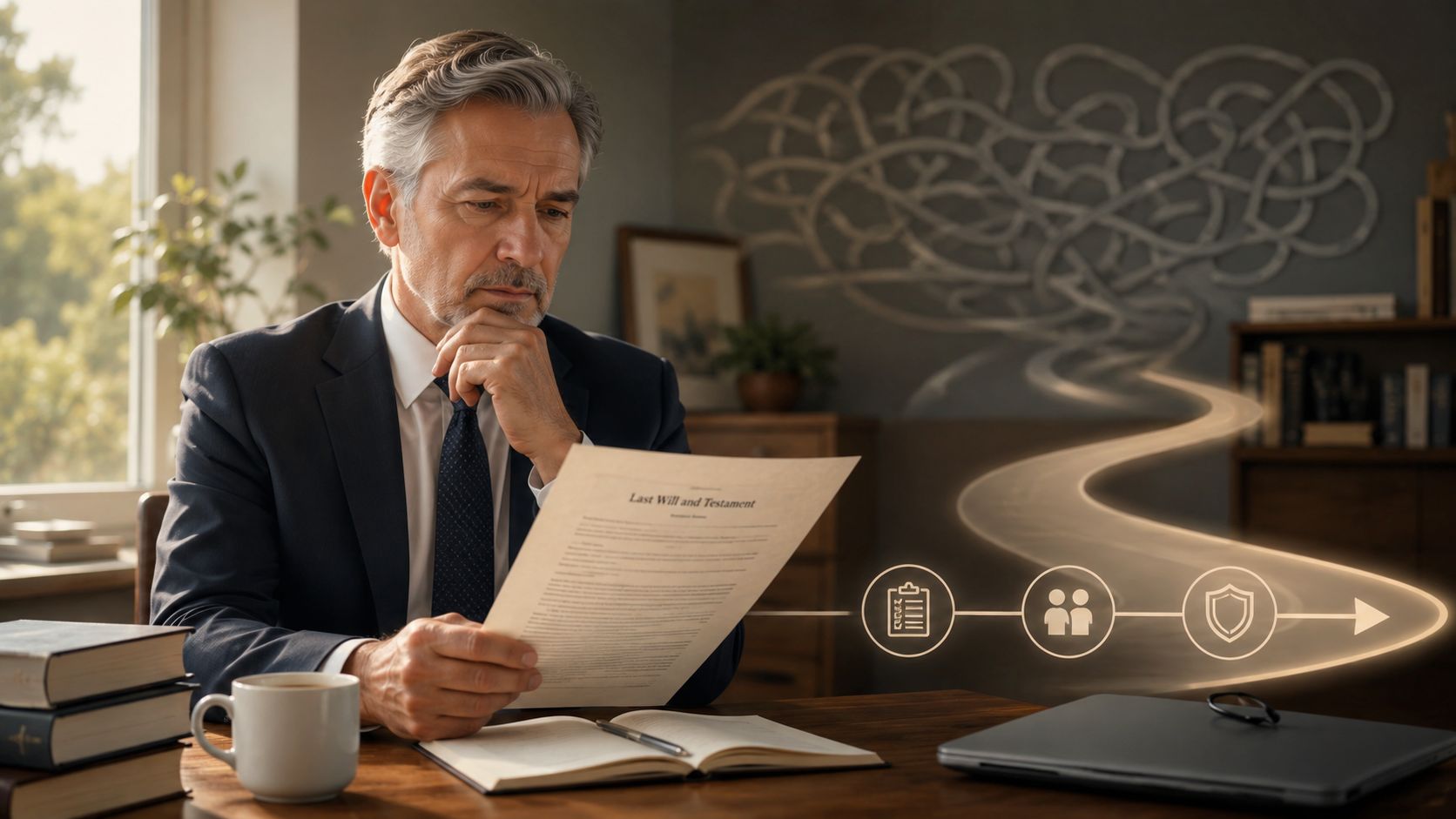 A professional man reviewing a Last Will and Testament document at a desk with estate planning icons.
