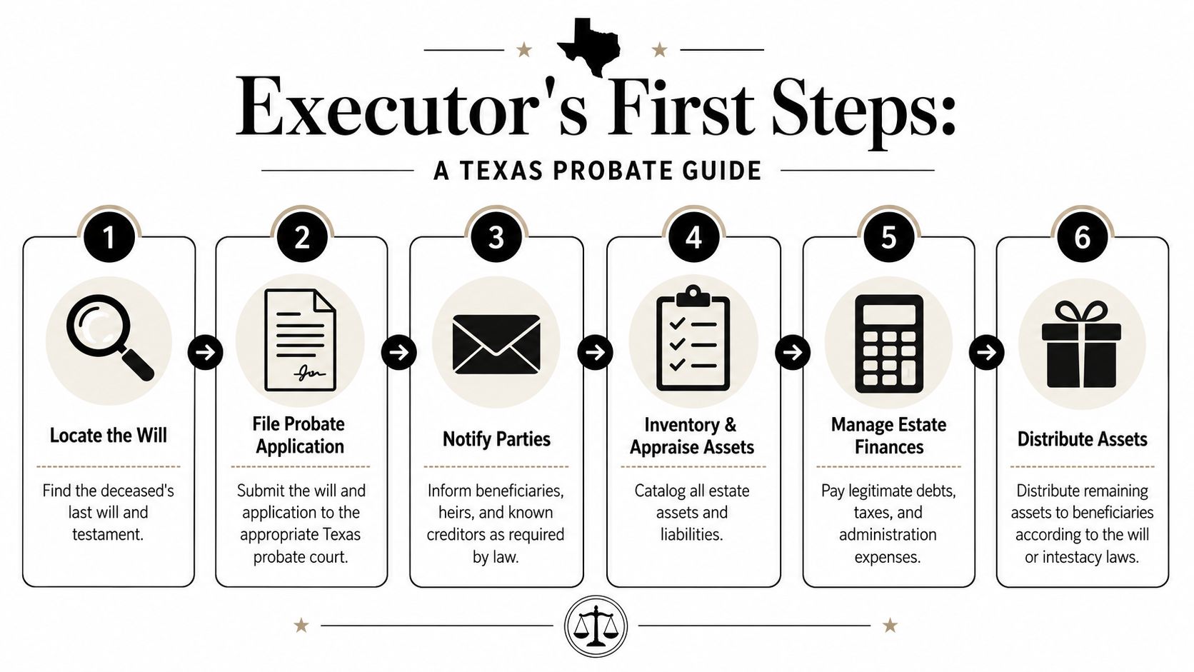 A flowchart infographic outlining the six essential steps for a Texas executor in the probate process.